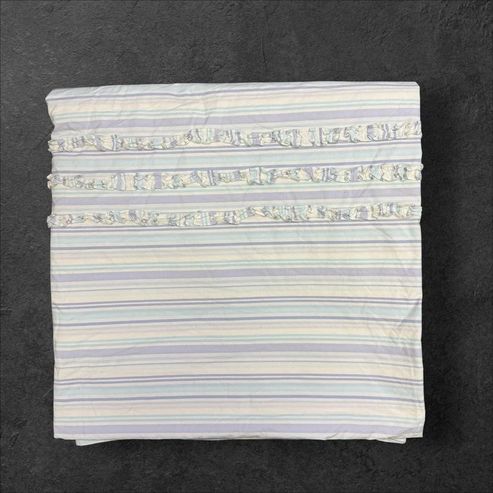PBteen Full Queen Duvet Cover Blue Purple‎ White Striped Ruffle 100% Cotton